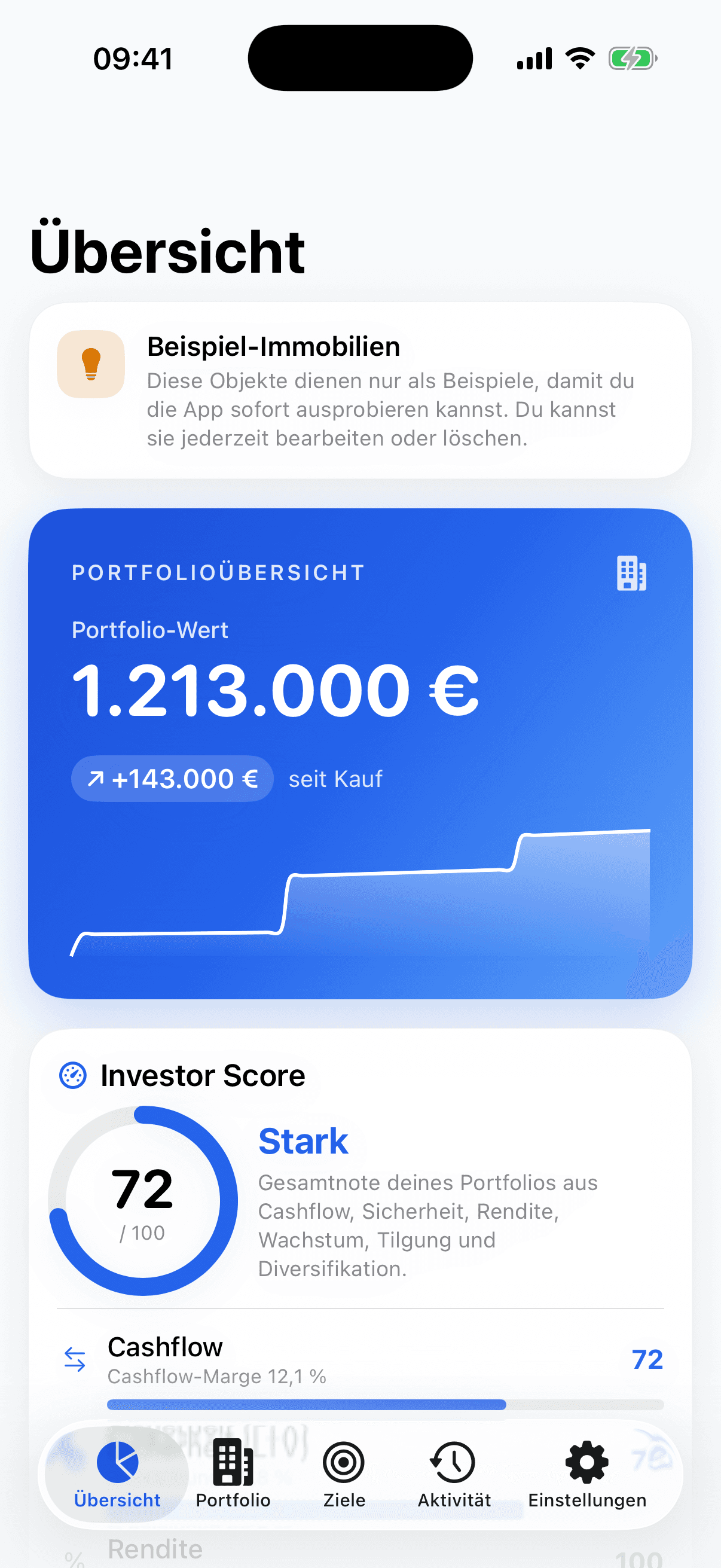 ImmoTracker Übersicht mit Gesamtportfoliowert von 1.213.000 Euro und Investor-Score