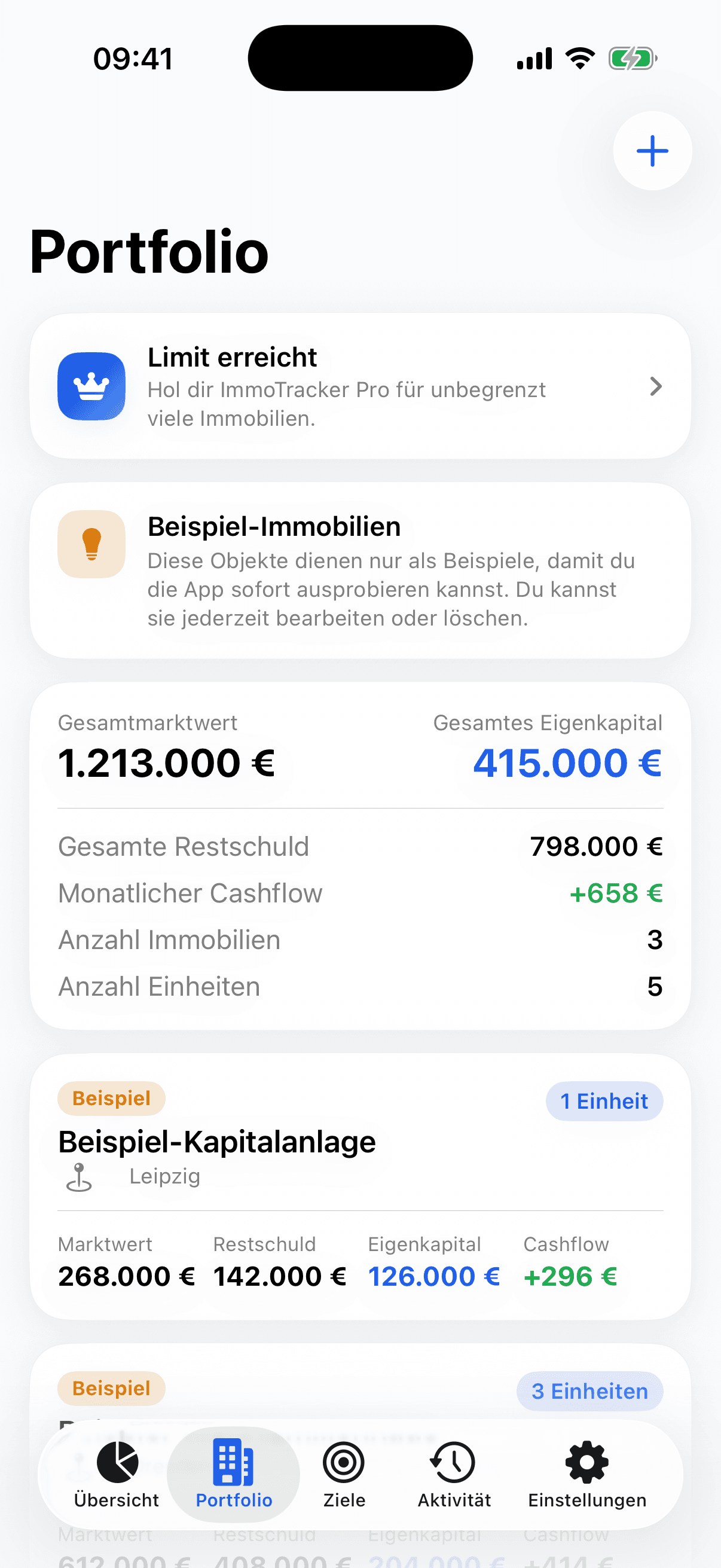 ImmoTracker Portfolio-Ansicht mit Wert und Eigenkapital jeder Immobilie