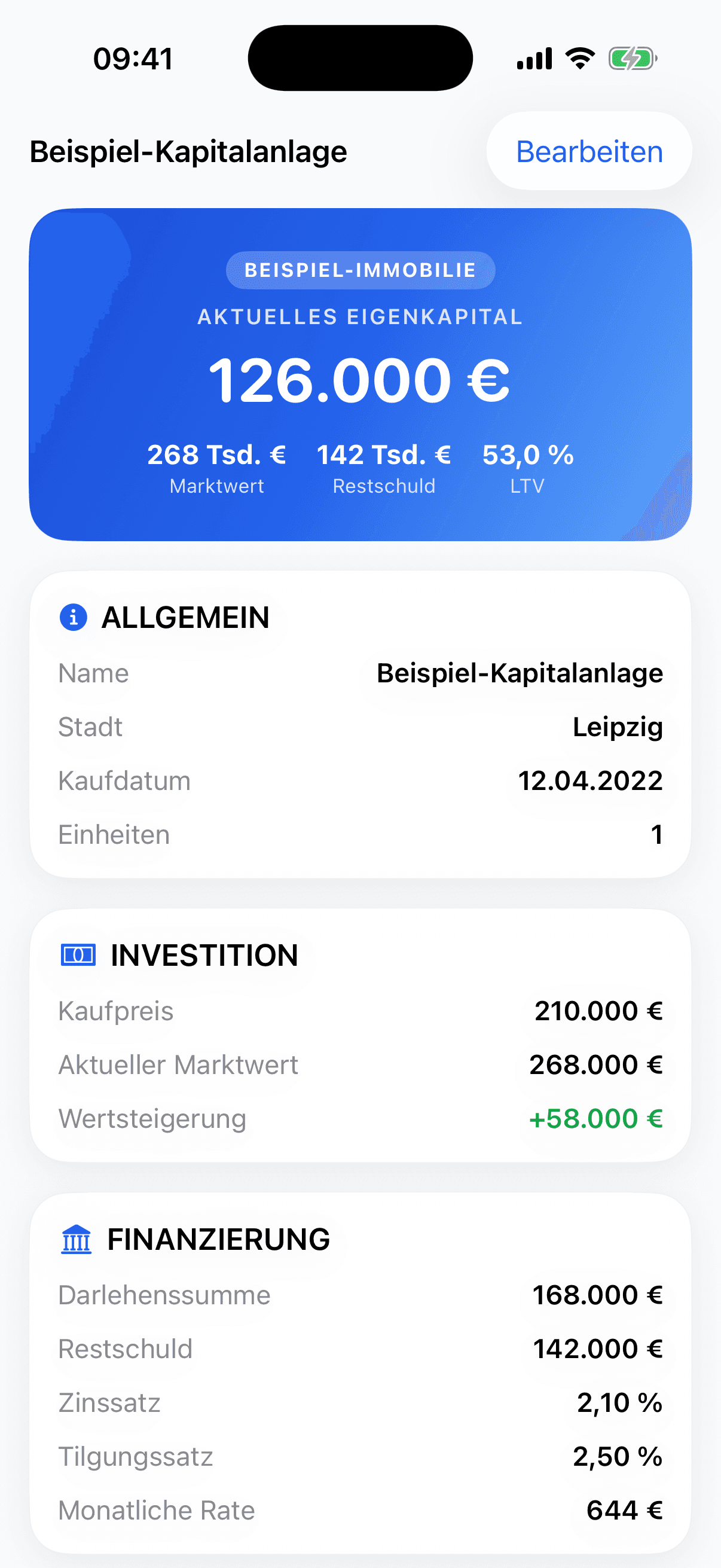 ImmoTracker Detailansicht einer einzelnen Immobilie mit ihren Kennzahlen